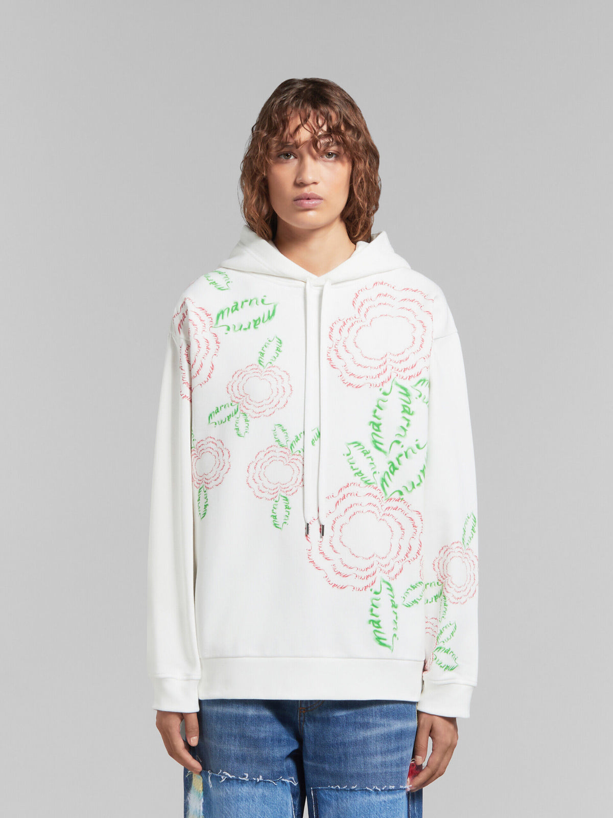 MARNI WOMEN'S NATURAL WHITE FLORAL EMBROIDERED HOODIE