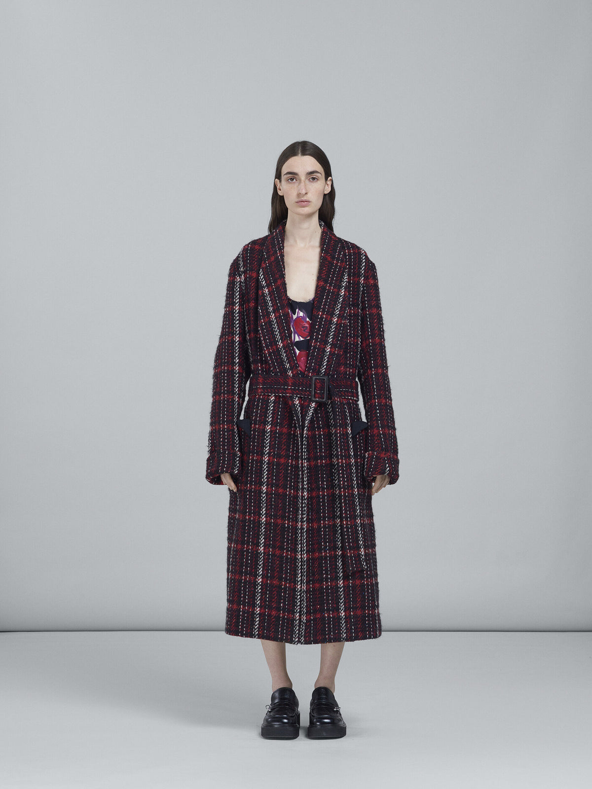 MARNI WOMEN'S PLAID BELTED LONG COAT