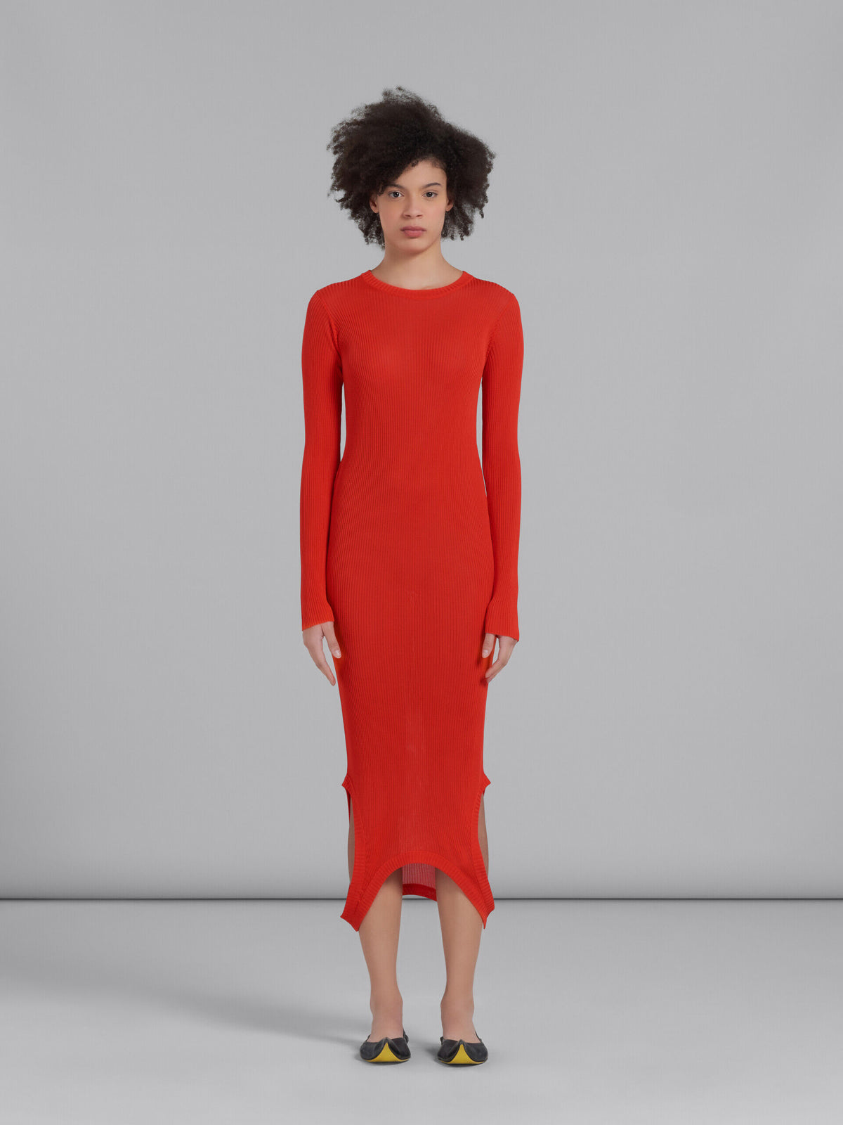 MARNI WOMEN'S RED RIBBED LONG SWEATER DRESS