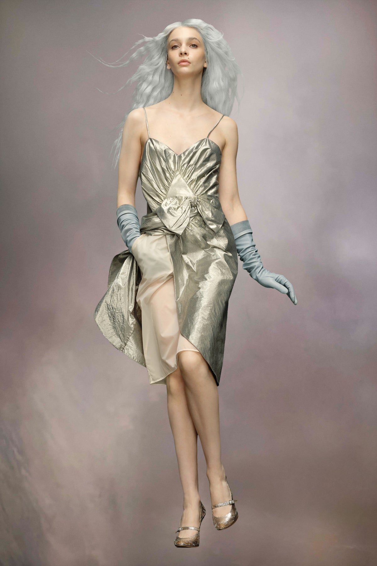 MAISON MARGIELA WOMEN'S SILVER METALLIC DRAPED MIDI DRESS