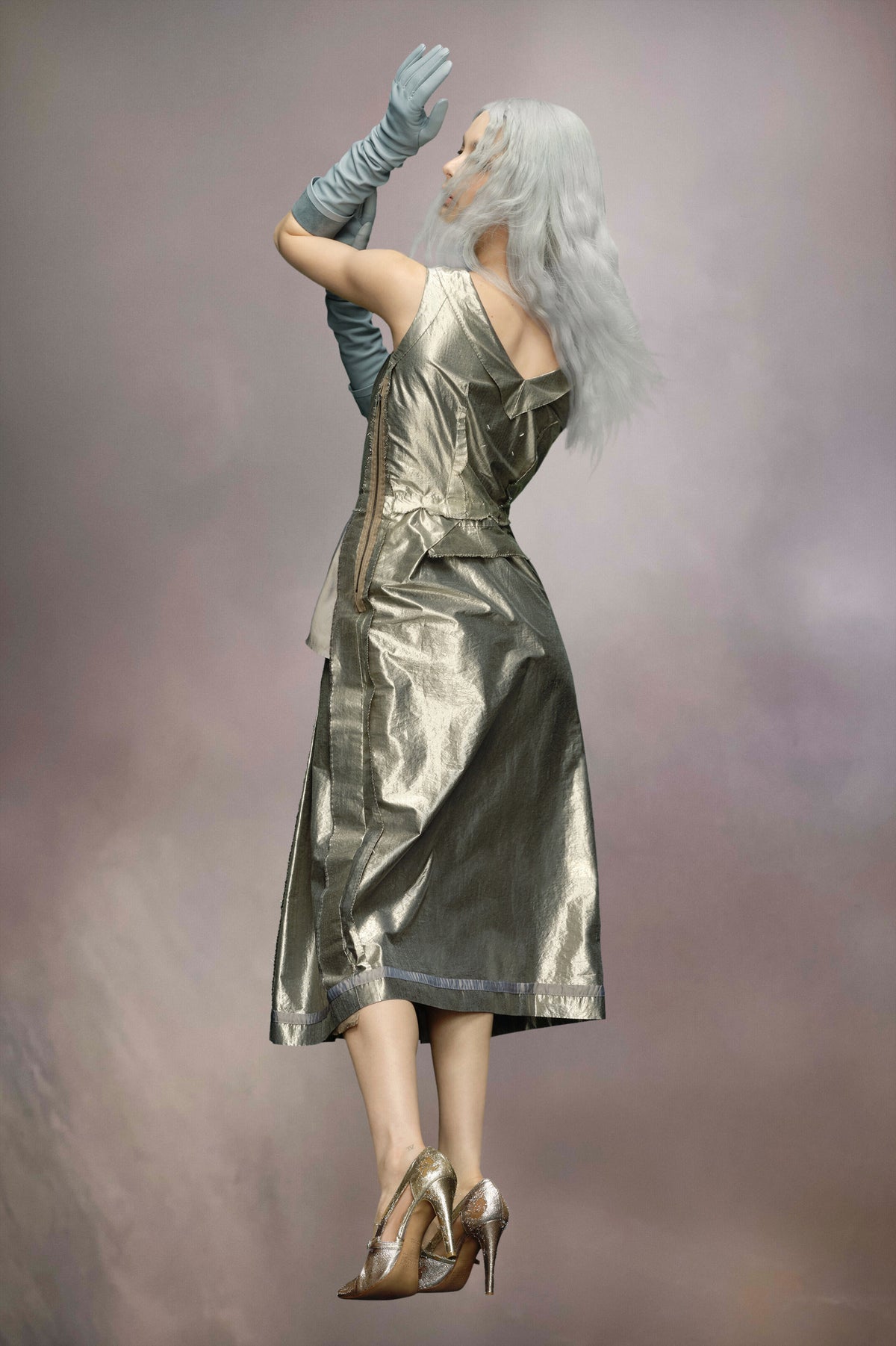 MAISON MARGIELA WOMEN'S SILVER METALLIC PLEATED MIDI DRESS