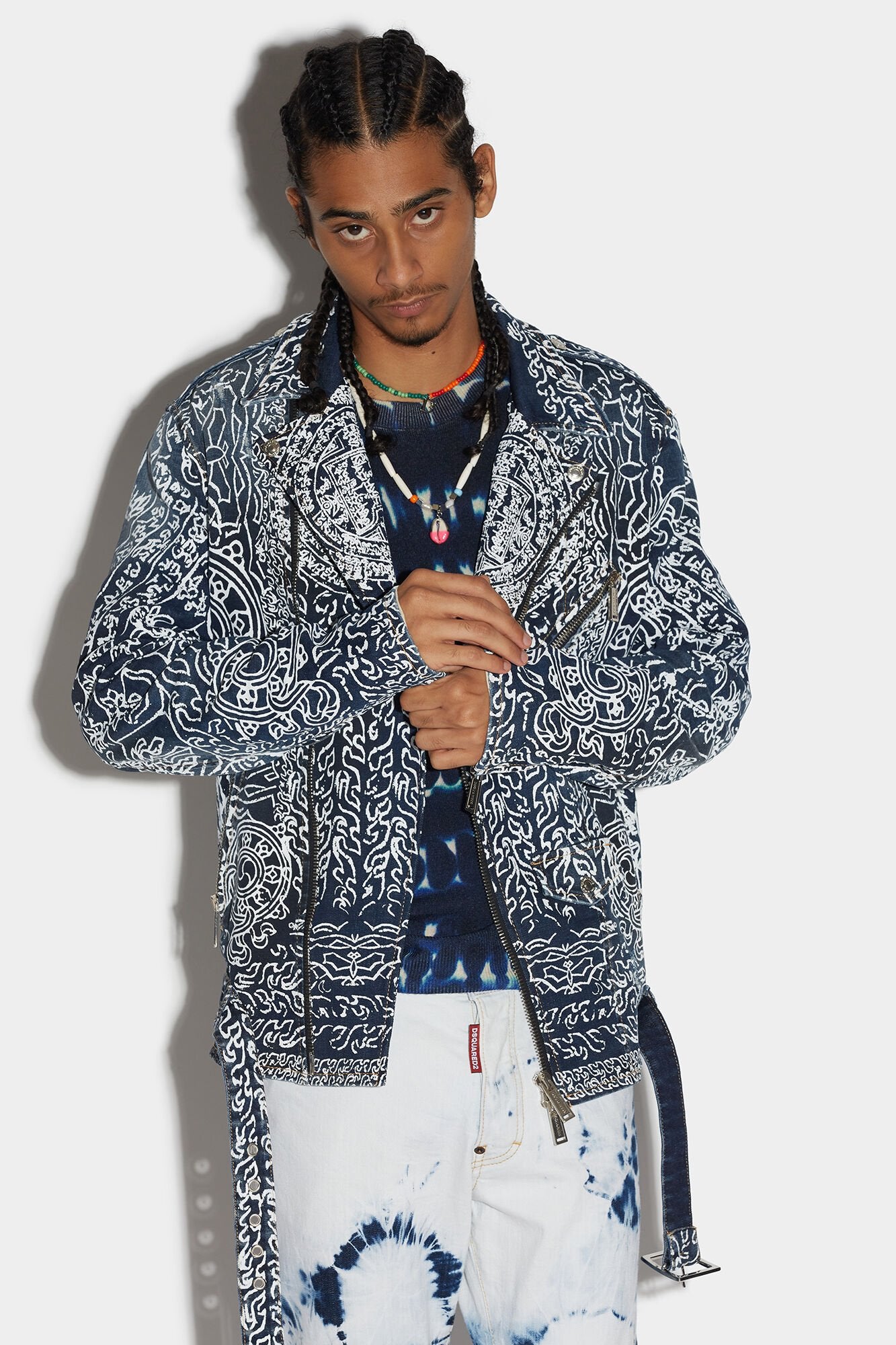 DSQUARED2 MEN'S NAVY PATTERNED BIKER JACKET