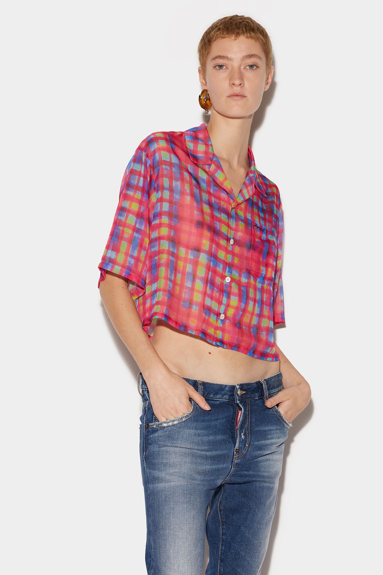 DSQUARED2 WOMEN'S MULTICOLOR PLAID CROPPED SHIRT