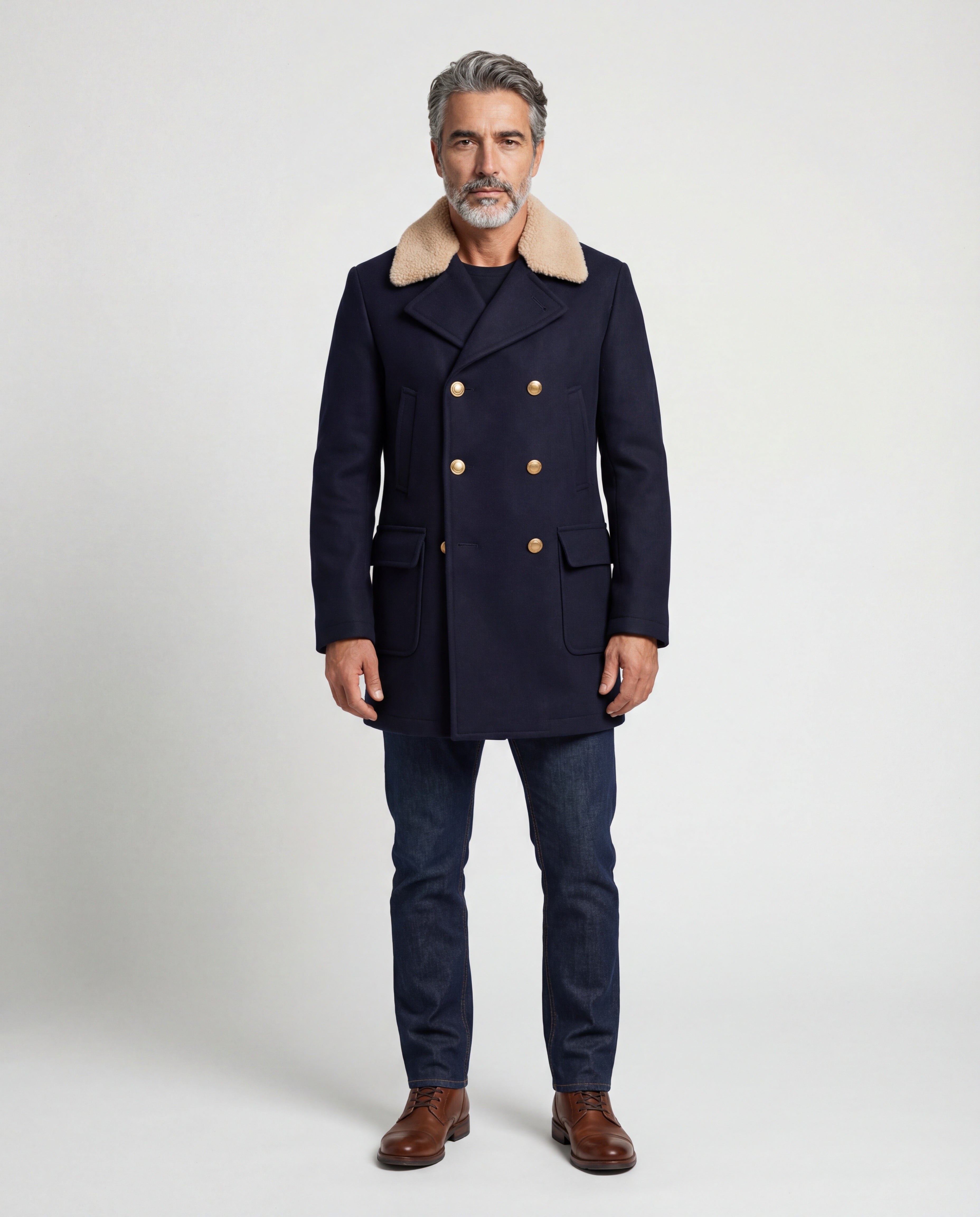 BRUNELLO CUCINELLI MEN'S NAVY CASHMERE PEA COAT WITH FUR COLLAR