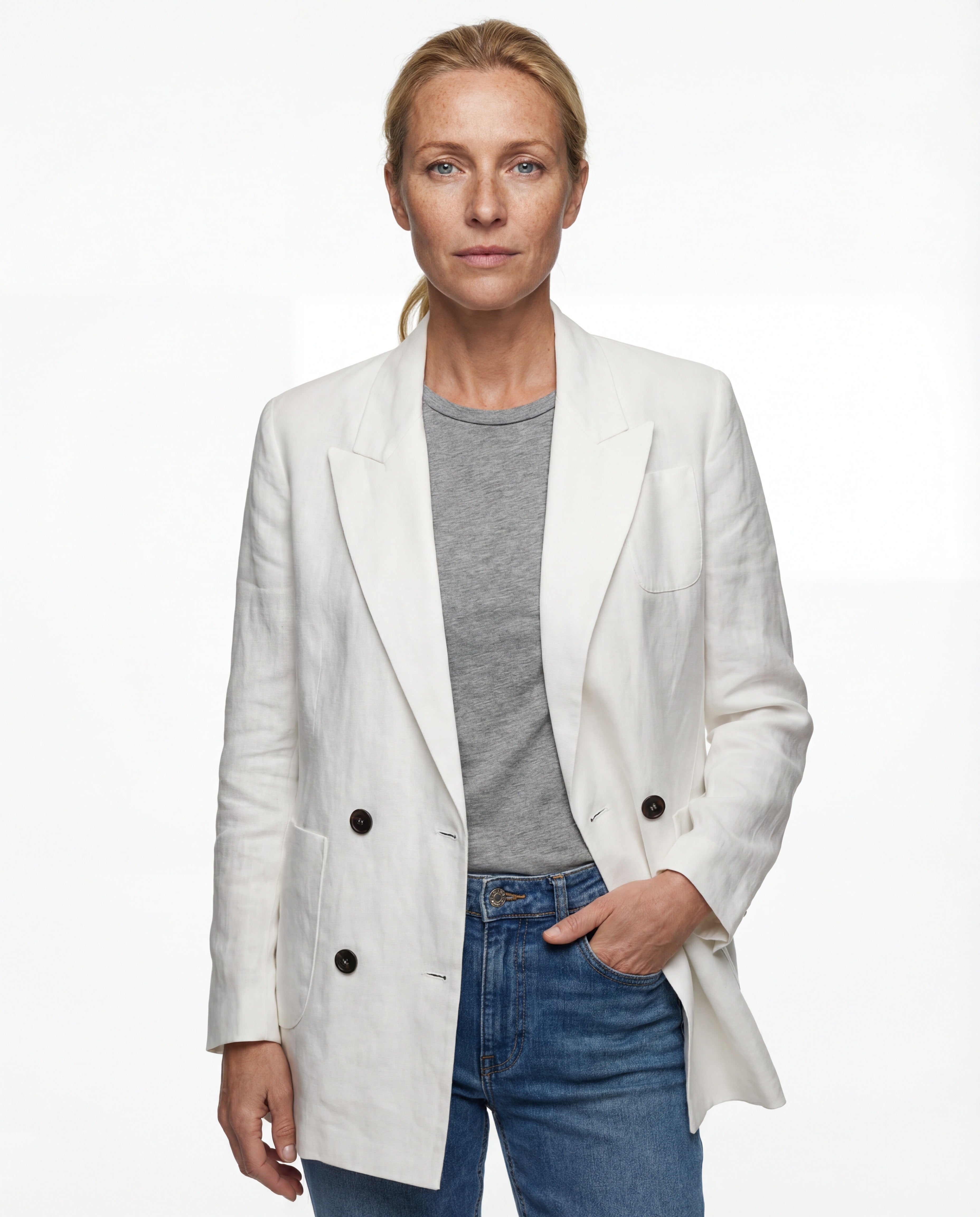 BRUNELLO CUCINELLI WOMEN'S OPTICAL WHITE DOUBLE-BREASTED BLAZER