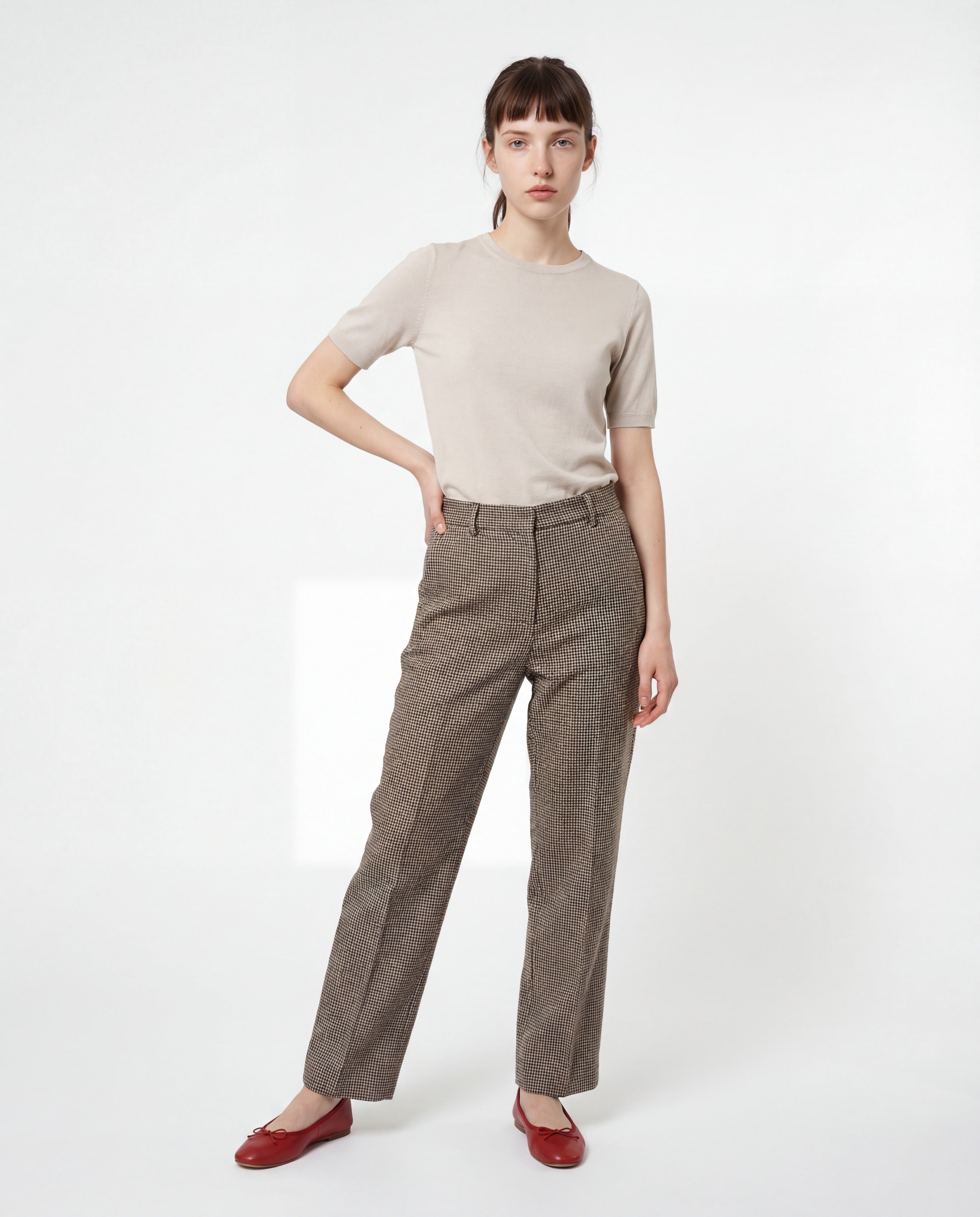BRUNELLO CUCINELLI WOMEN'S BEIGE BLUE LINEN HOUNDSTOOTH TROUSERS