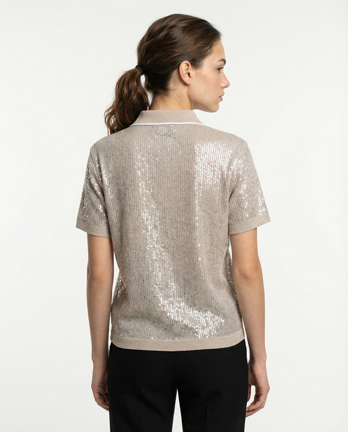 BRUNELLO CUCINELLI WOMEN'S SILVER SILK BLEND SEQUIN POLO SHIRT