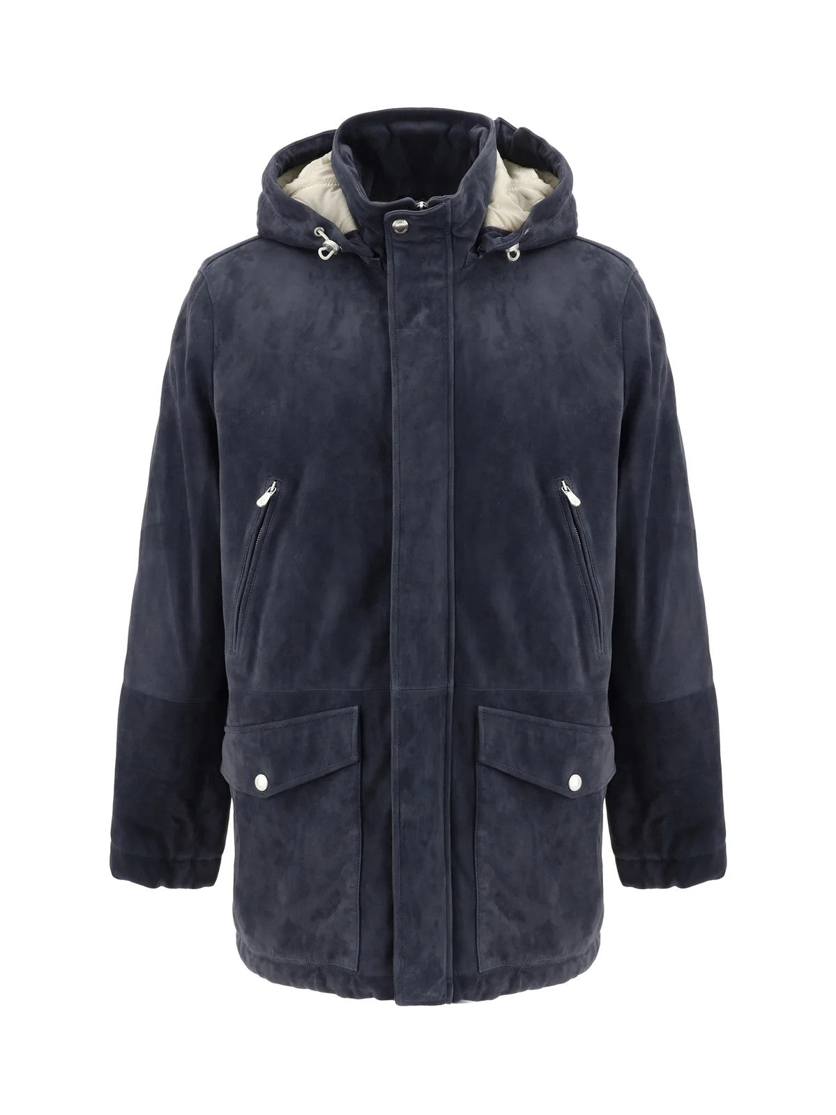 BRUNELLO CUCINELLI MEN'S NAVY LEATHER HOODED JACKET