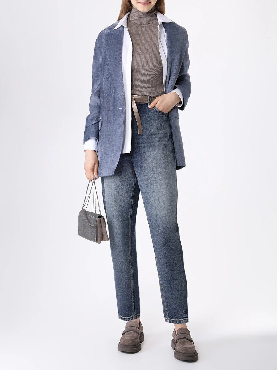 BRUNELLO CUCINELLI WOMEN'S BLUE CORDUROY SINGLE-BUTTON BLAZER