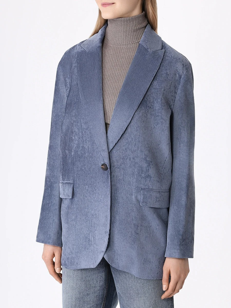 BRUNELLO CUCINELLI WOMEN'S BLUE CORDUROY SINGLE-BUTTON BLAZER