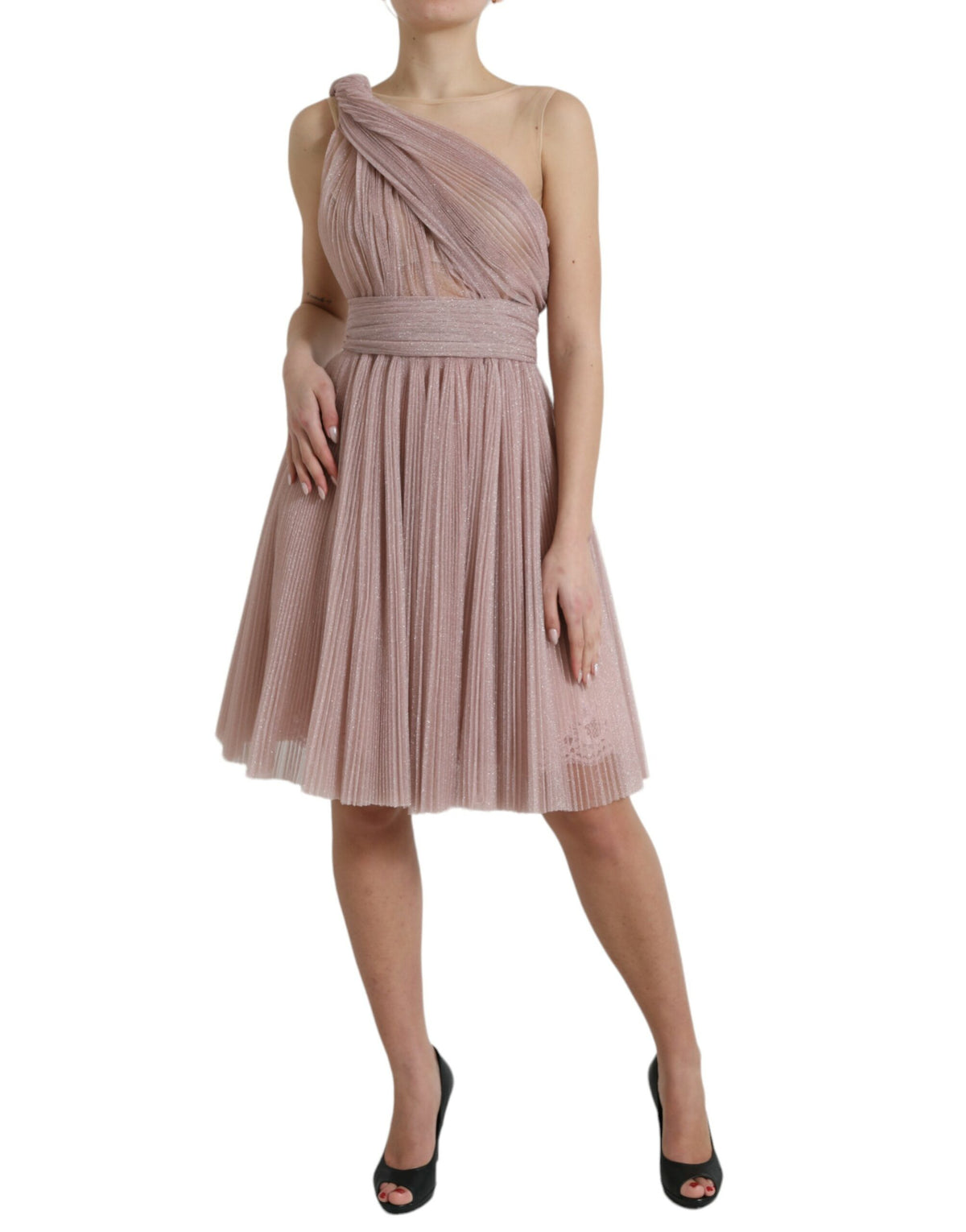 Dolce & Gabbana Light Lilac Pleated Lame Tulle One Shoulder Dress