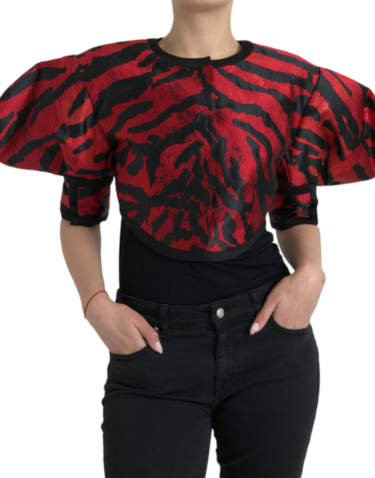 Dolce & Gabbana Black Red Patterned Cropped Coat Jacket
