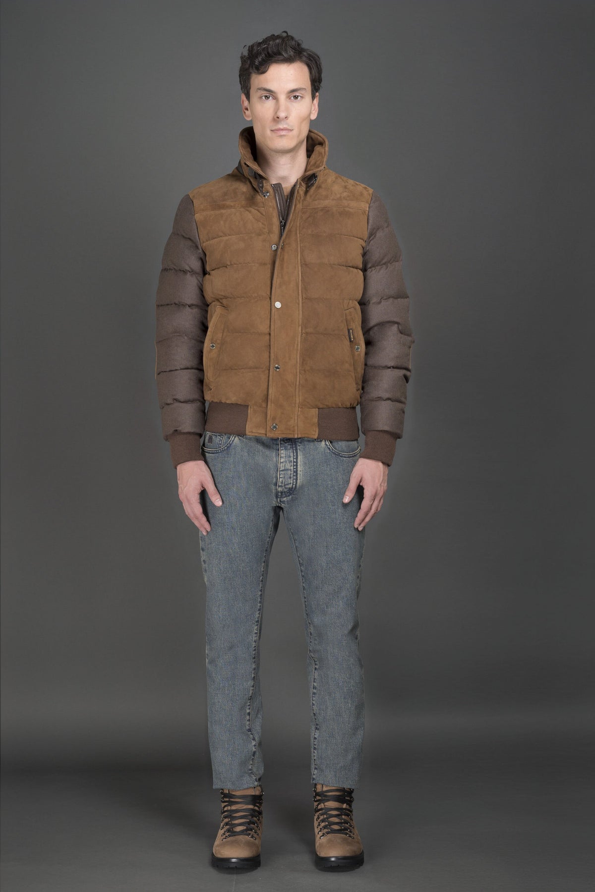 MOORER MEN'S BROWN QUILTED JACKET WITH FUR COLLAR
