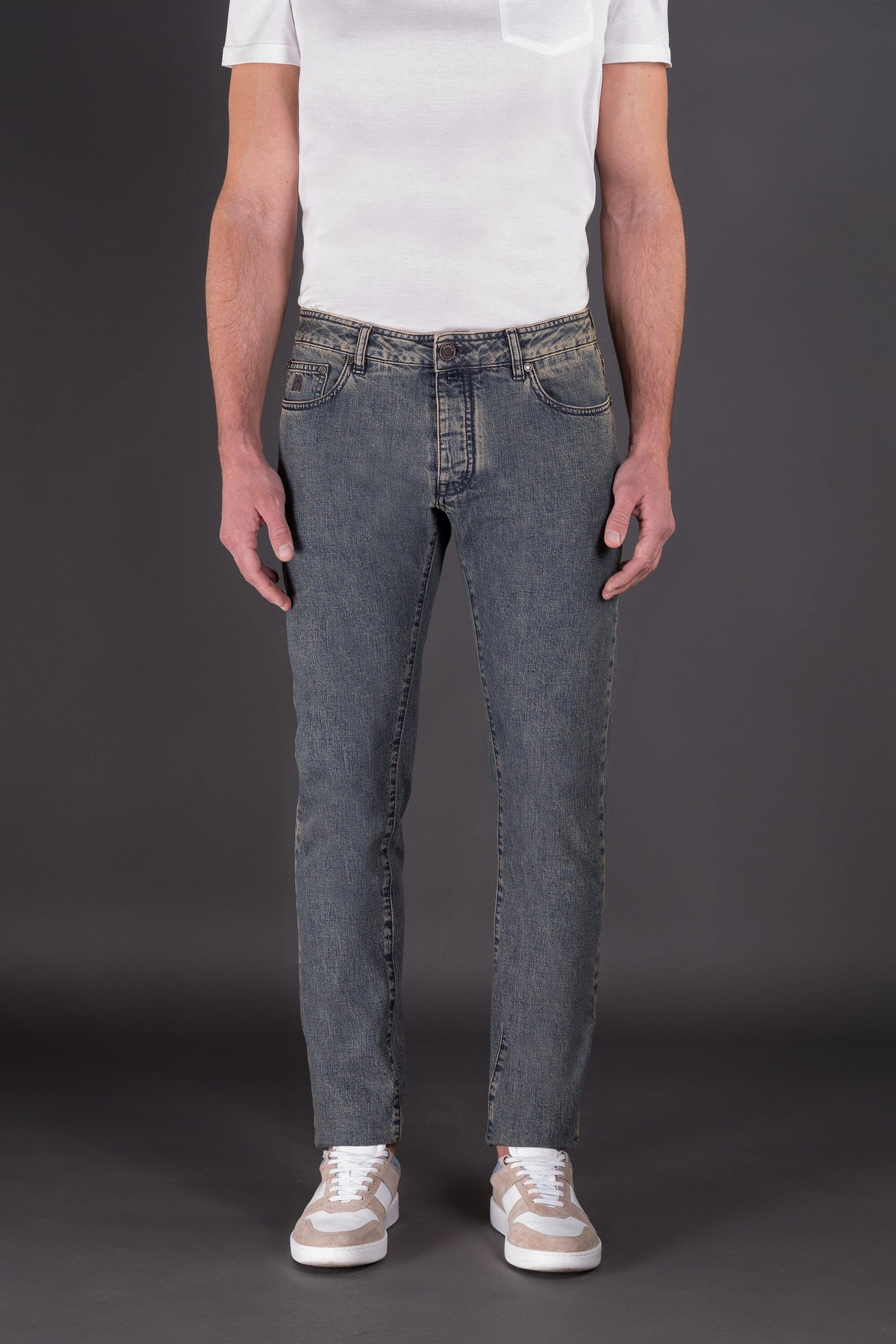 MOORER MEN'S FADED BLUE SLIM TROUSERS