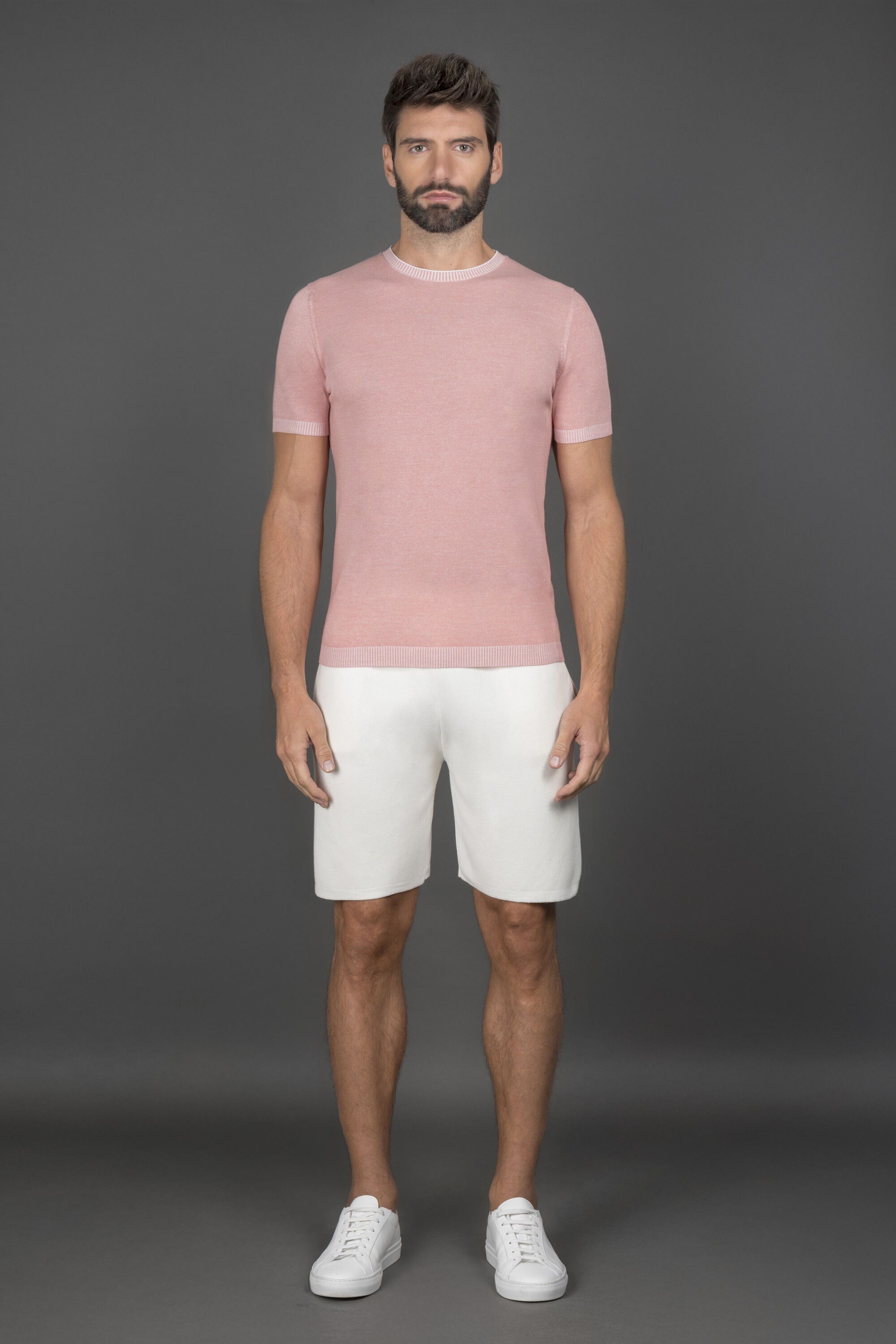 MOORER MEN'S LIGHT PINK SHORT SLEEVE SWEATER