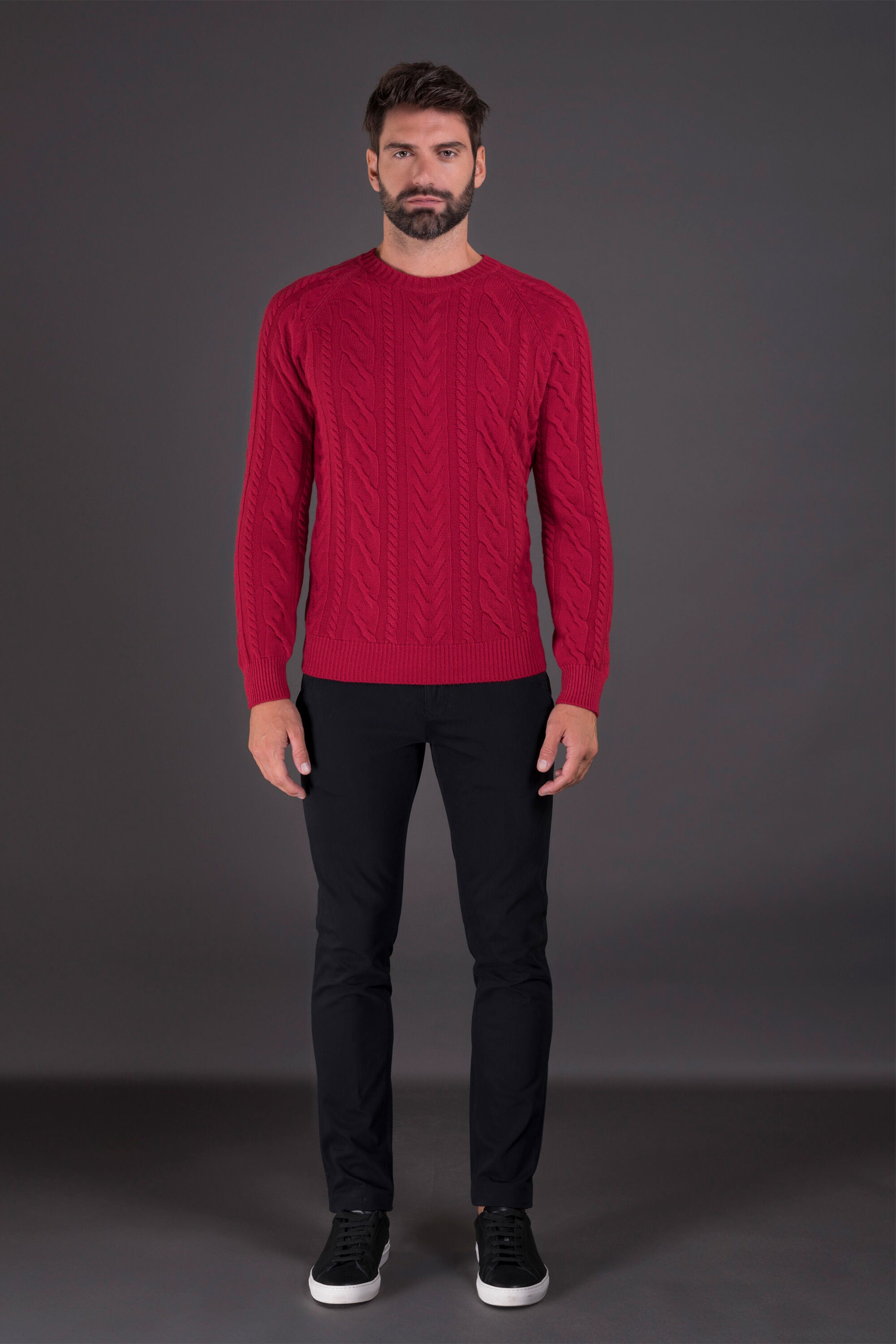 MOORER MEN'S RED CABLE KNIT SWEATER