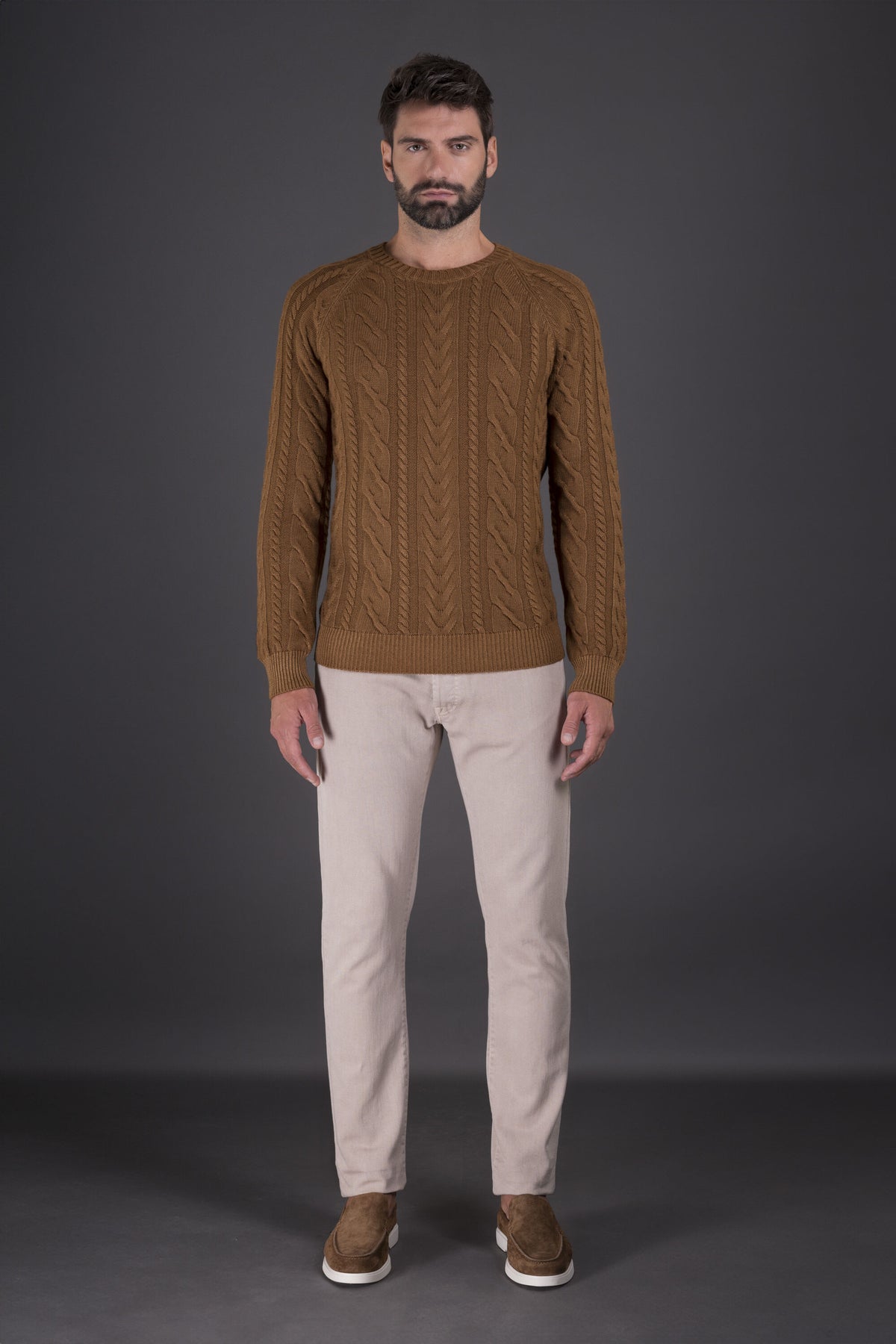 MOORER MEN'S BROWN CABLE KNIT SWEATER