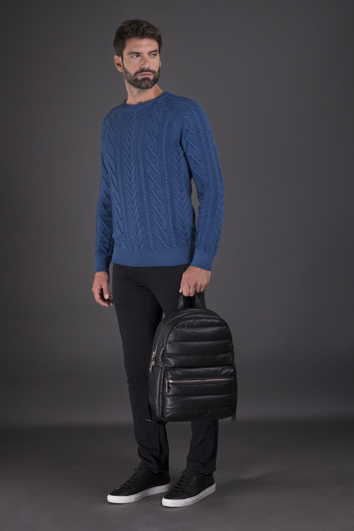 MOORER MEN'S BLUE CABLE KNIT SWEATER