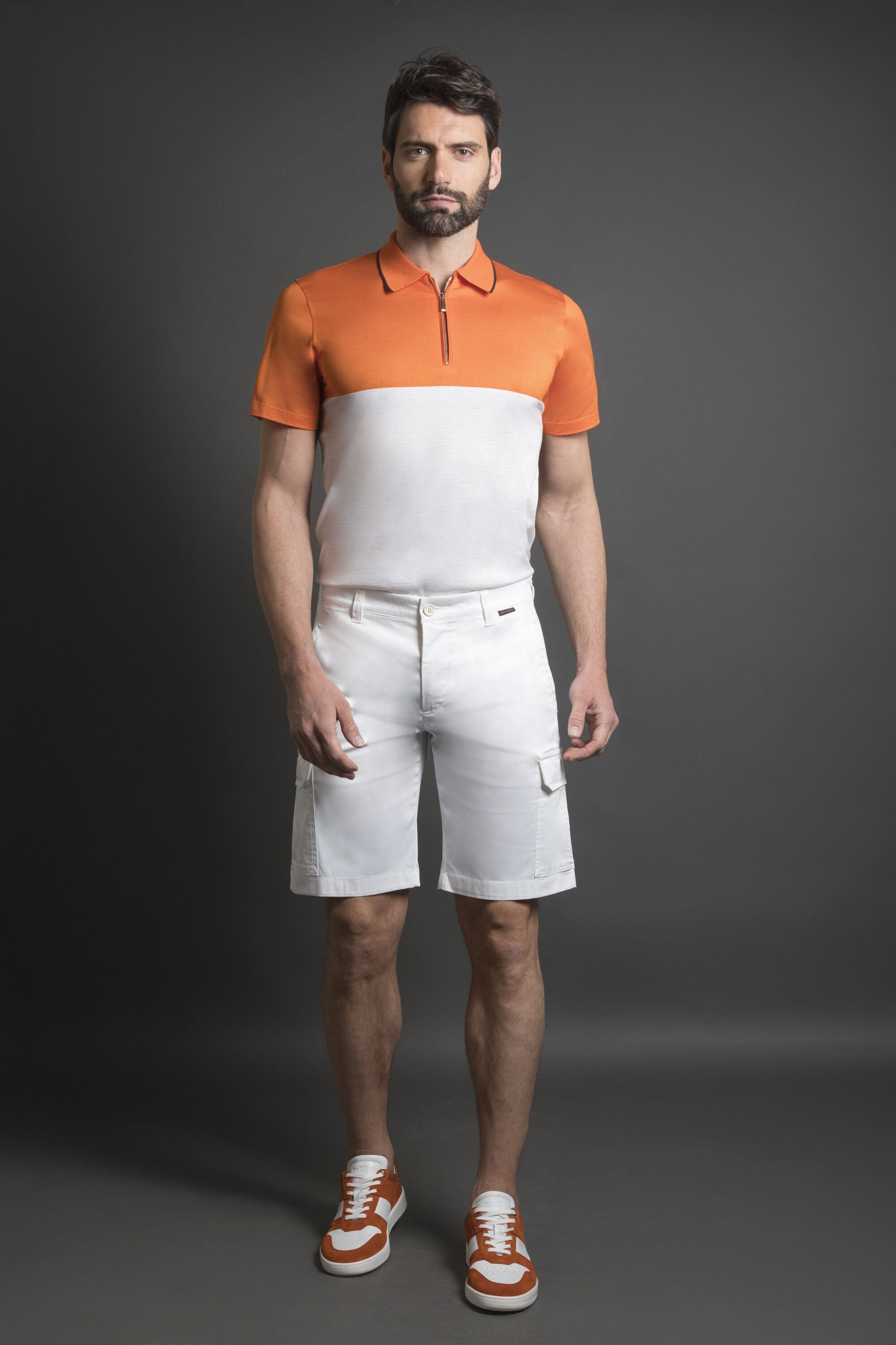 MOORER MEN'S ORANGE WHITE ZIP KNIT SWEATER