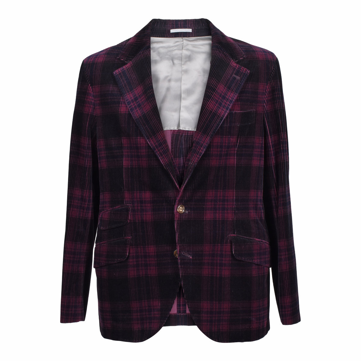 BRUNELLO CUCINELLI MEN'S BURGUNDY PLAID CORDUROY BLAZER