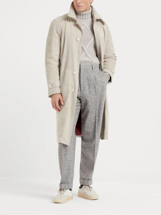 BRUNELLO CUCINELLI MEN'S LIGHT BEIGE LEATHER COAT