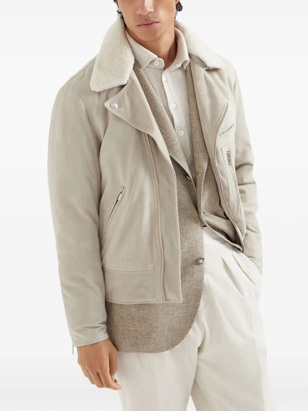 BRUNELLO CUCINELLI MEN'S BEIGE LEATHER SHEARLING JACKET