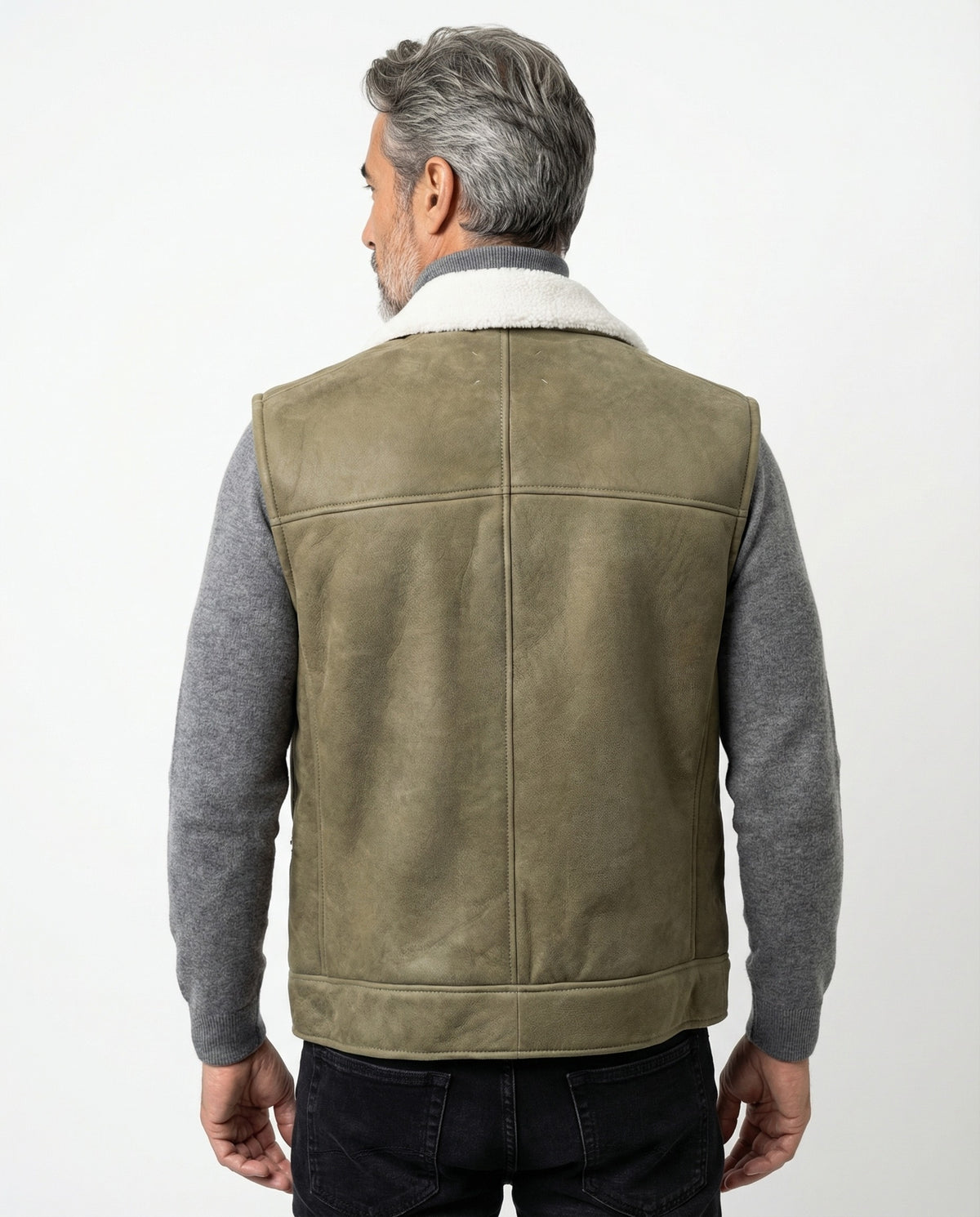 BRUNELLO CUCINELLI MEN'S OLIVE SHEARLING BIKER VEST