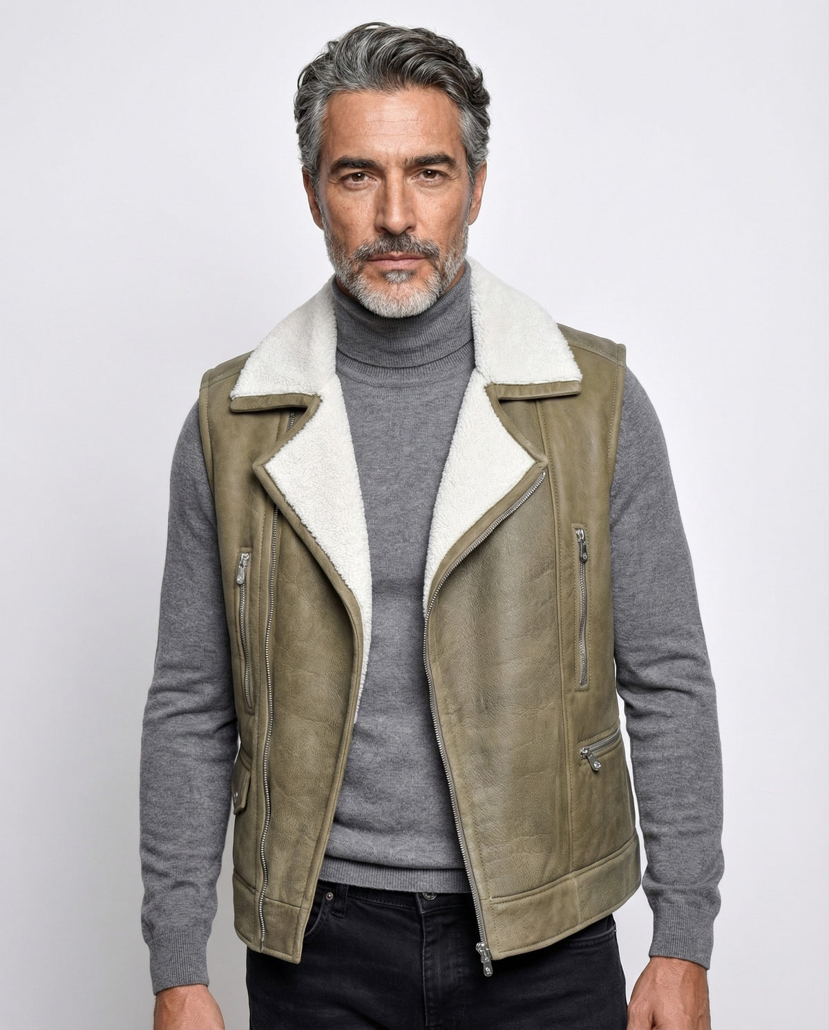 BRUNELLO CUCINELLI MEN'S OLIVE SHEARLING BIKER VEST