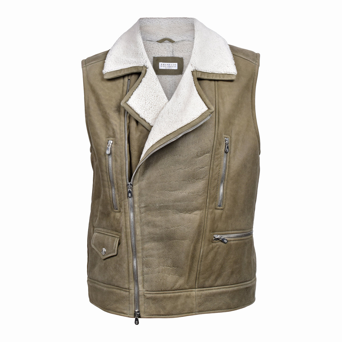BRUNELLO CUCINELLI MEN'S OLIVE SHEARLING BIKER VEST