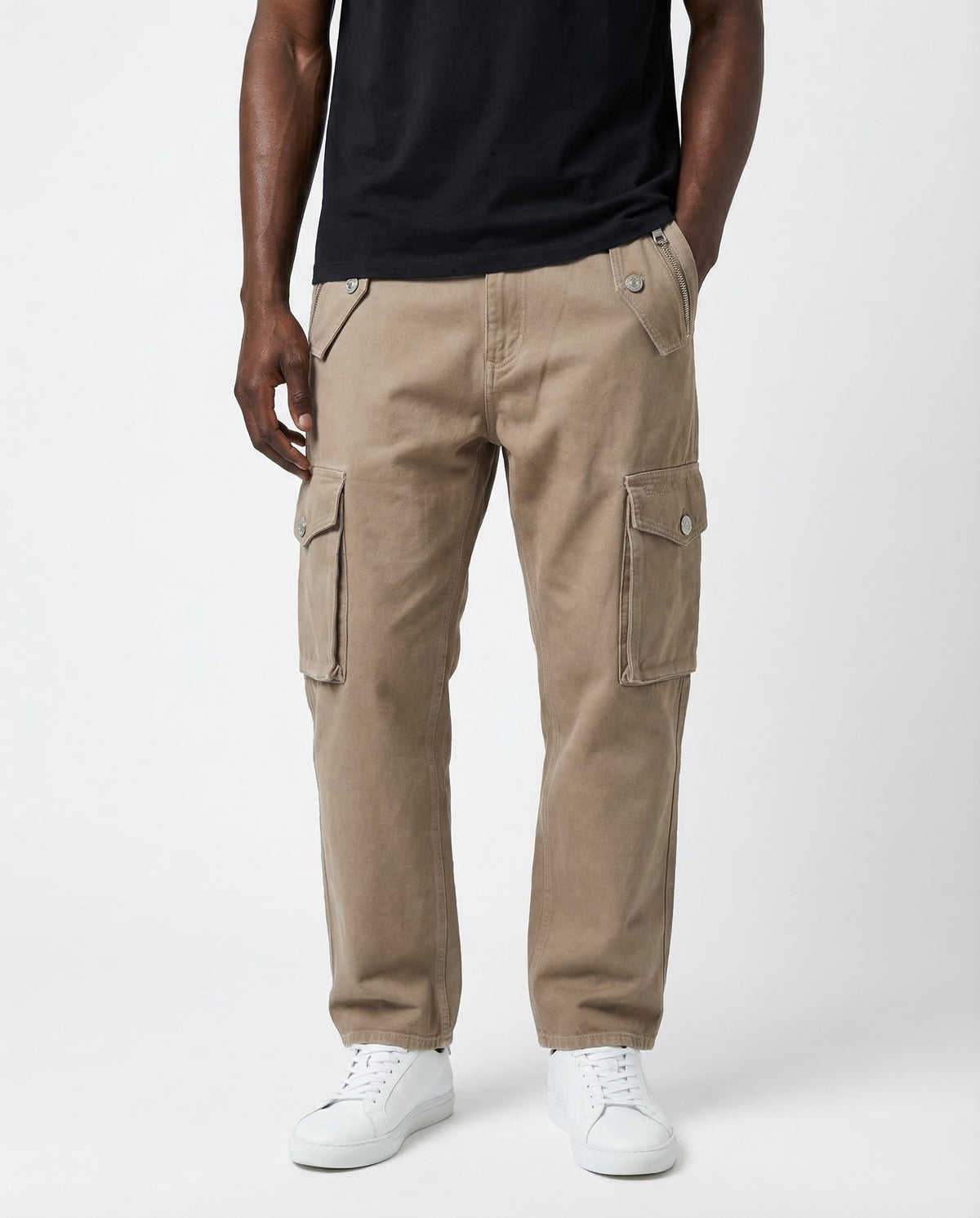 BALMAIN MEN'S BEIGE LOOSE COTTON CARGO TROUSERS