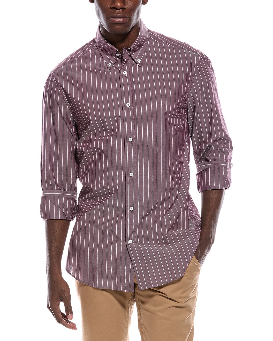 BRUNELLO CUCINELLI MEN'S PURPLE STRIPED COTTON SHIRT