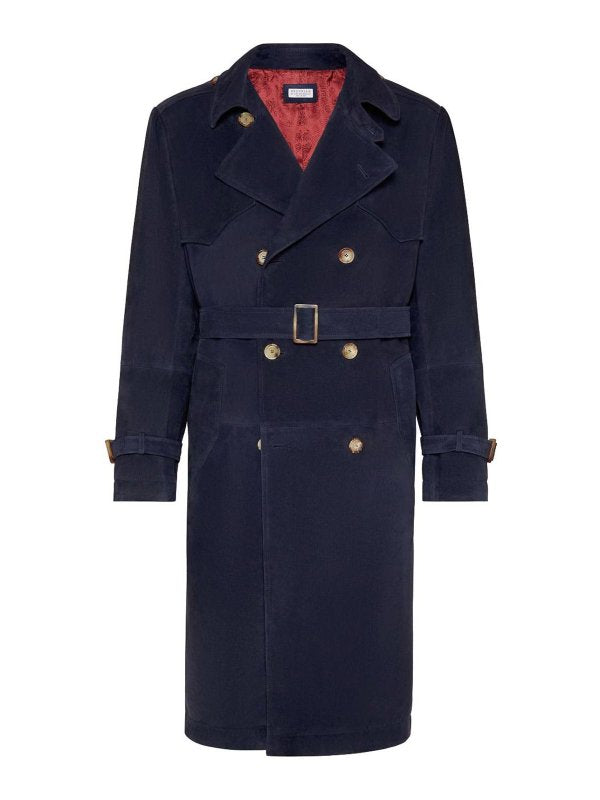 BRUNELLO CUCINELLI MEN'S NAVY LEATHER TRENCH COAT