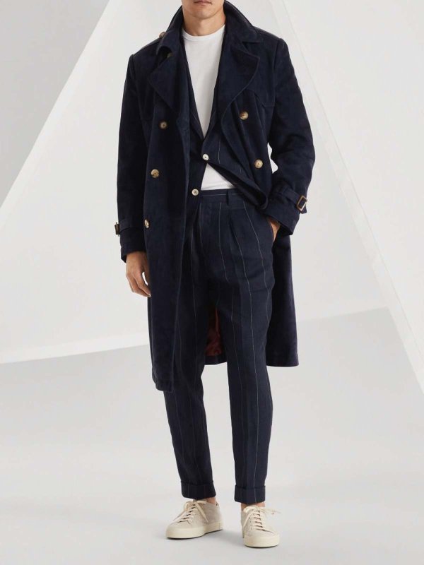 BRUNELLO CUCINELLI MEN'S NAVY LEATHER TRENCH COAT