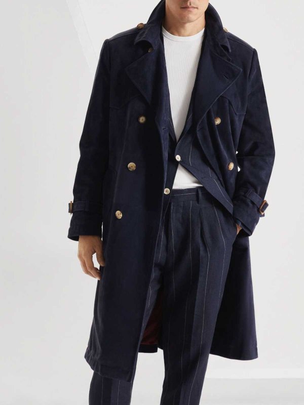 BRUNELLO CUCINELLI MEN'S NAVY LEATHER TRENCH COAT