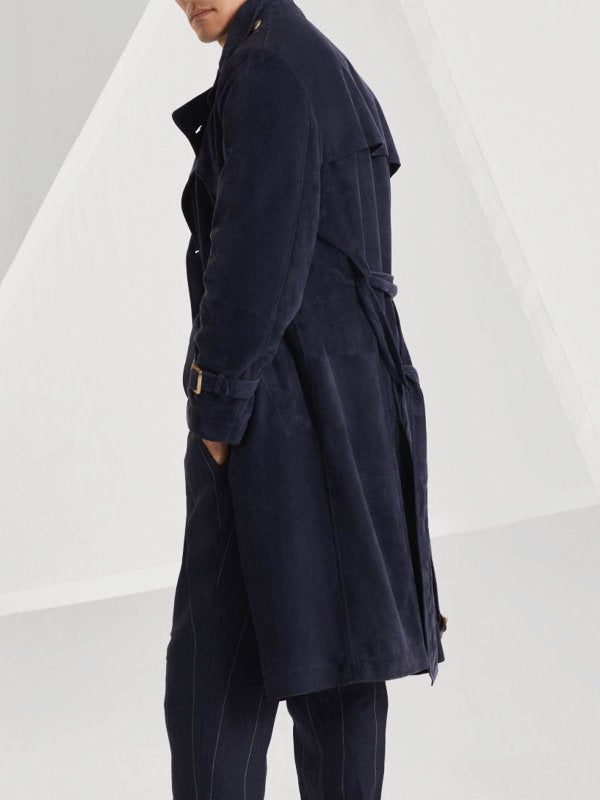 BRUNELLO CUCINELLI MEN'S NAVY LEATHER TRENCH COAT