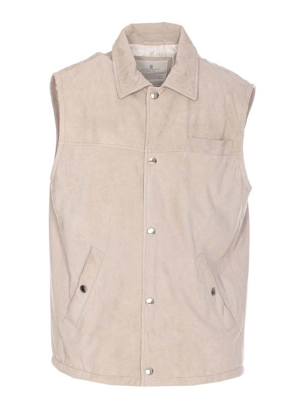 BRUNELLO CUCINELLI MEN'S BEIGE LEATHER SLEEVELESS JACKET
