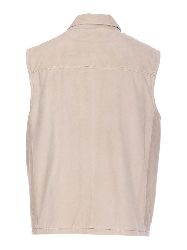 BRUNELLO CUCINELLI MEN'S BEIGE LEATHER SLEEVELESS JACKET