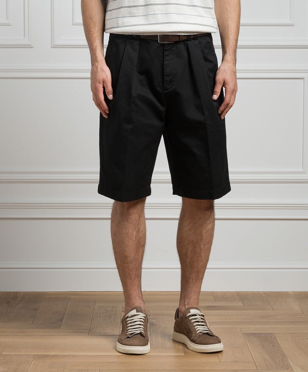 BRUNELLO CUCINELLI MEN'S BLACK TAILORED COTTON SHORTS