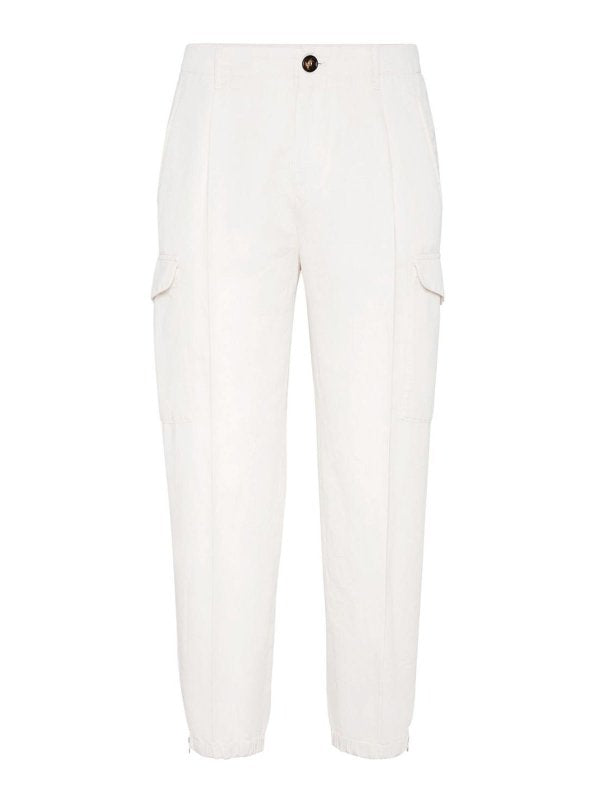 BRUNELLO CUCINELLI MEN'S OFF WHITE LINEN TROUSERS