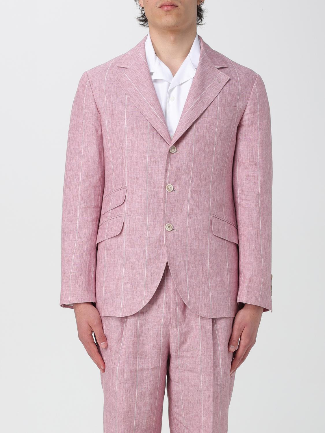BRUNELLO CUCINELLI MEN'S PINK LINEN PINSTRIPE BLAZER