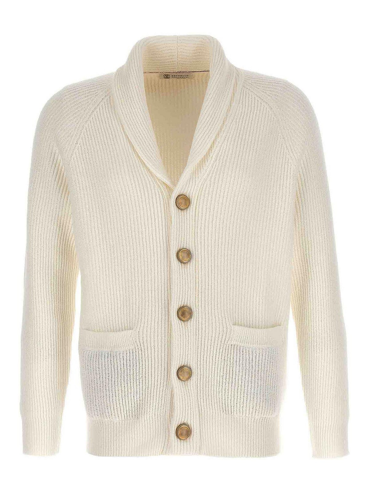 BRUNELLO CUCINELLI MEN'S IVORY SHAWL COLLAR KNIT CARDIGAN