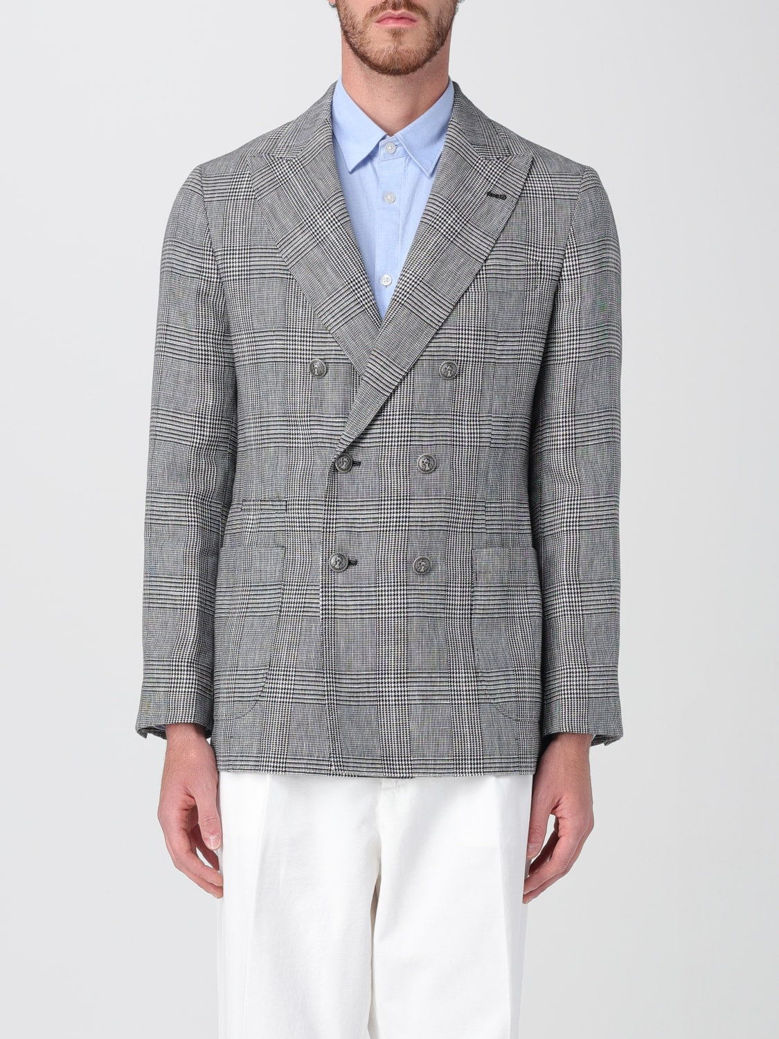 BRUNELLO CUCINELLI MEN'S GRAY PLAID DOUBLE BREASTED BLAZER