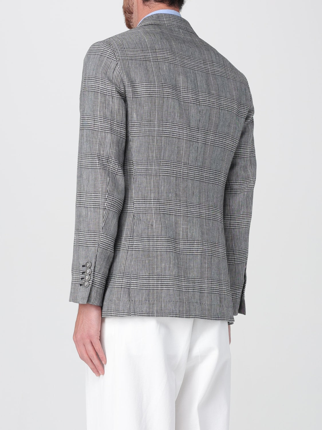 BRUNELLO CUCINELLI MEN'S GRAY PLAID DOUBLE-BREASTED BLAZER