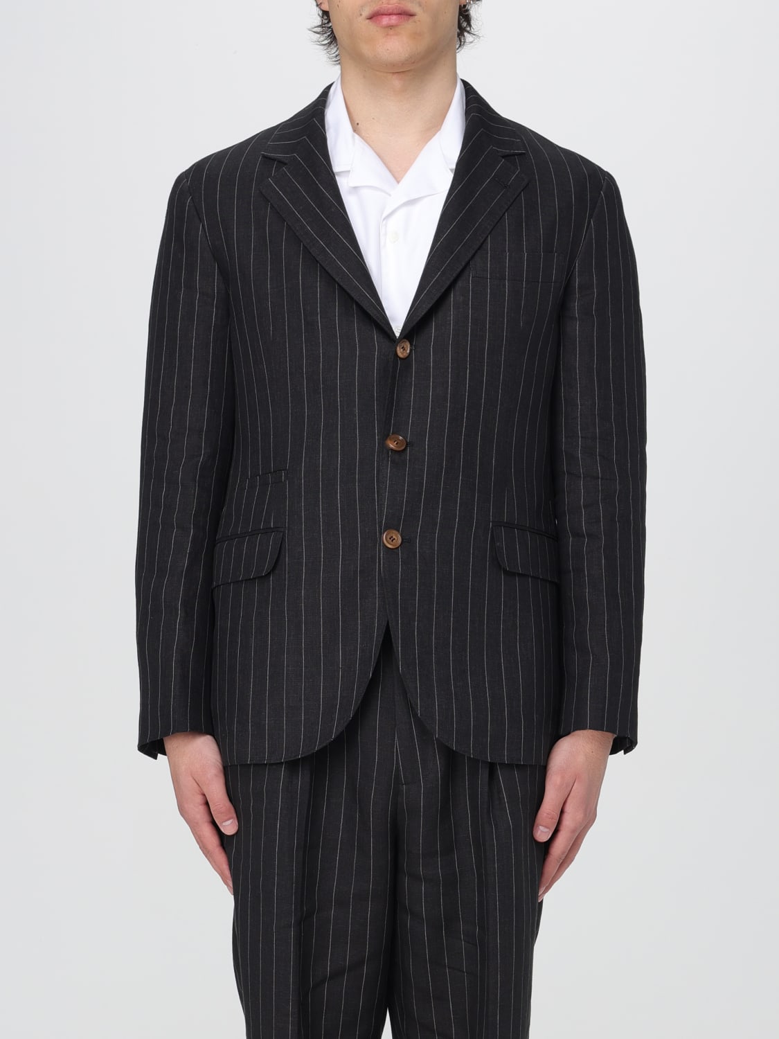 BRUNELLO CUCINELLI MEN'S BLACK LINEN PINSTRIPE BLAZER