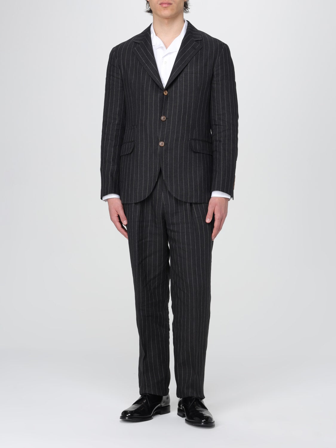 BRUNELLO CUCINELLI MEN'S BLACK LINEN PINSTRIPE BLAZER