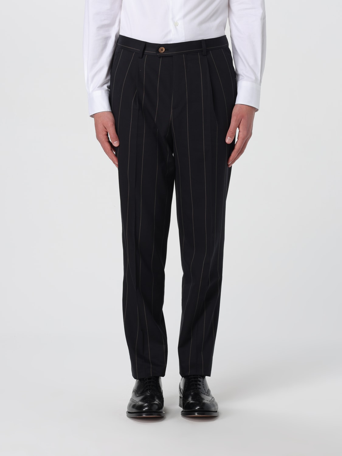 BRUNELLO CUCINELLI MEN'S BLACK WOOL PINSTRIPE TROUSERS
