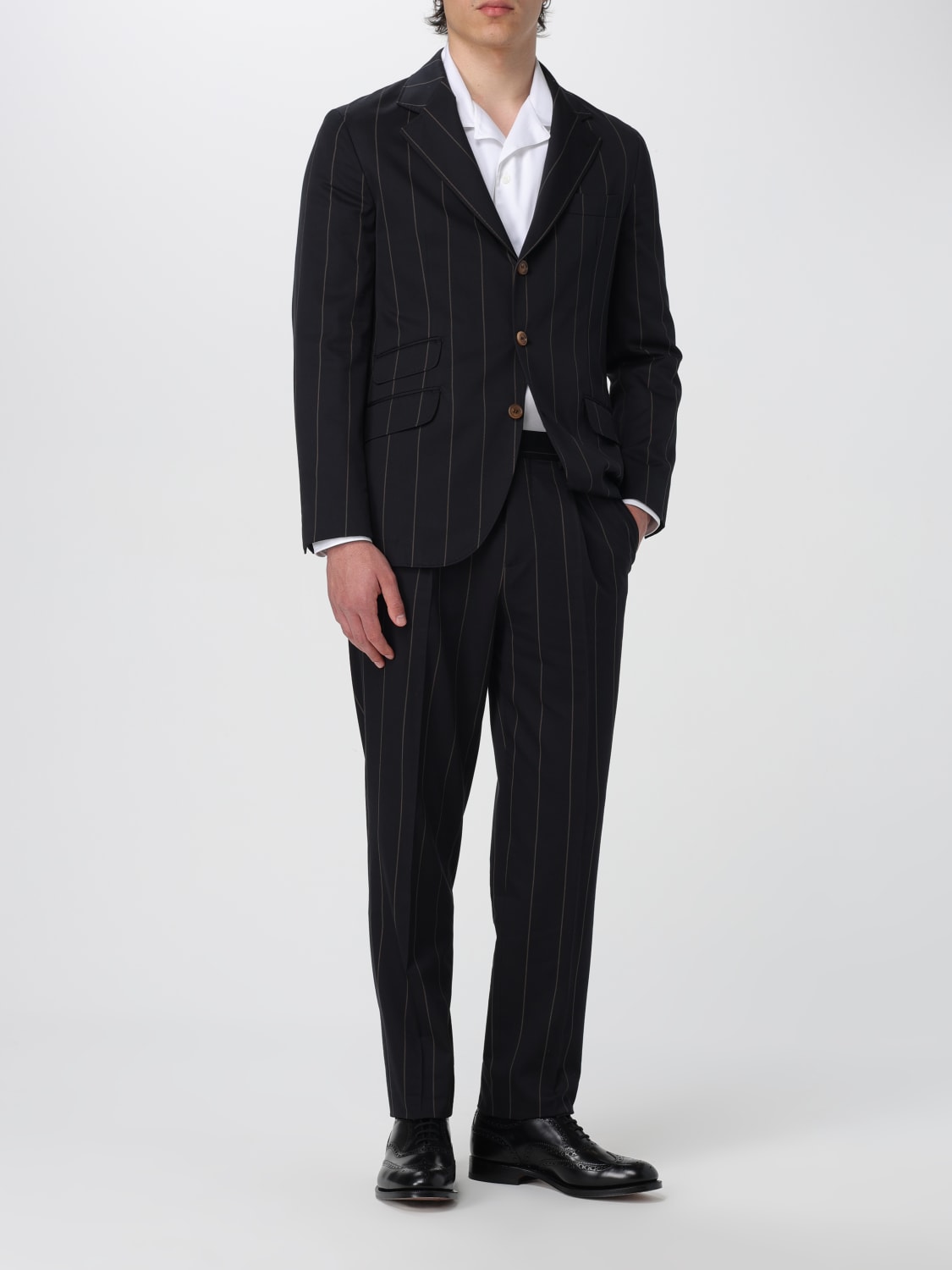 BRUNELLO CUCINELLI MEN'S BLACK WOOL PINSTRIPE TROUSERS