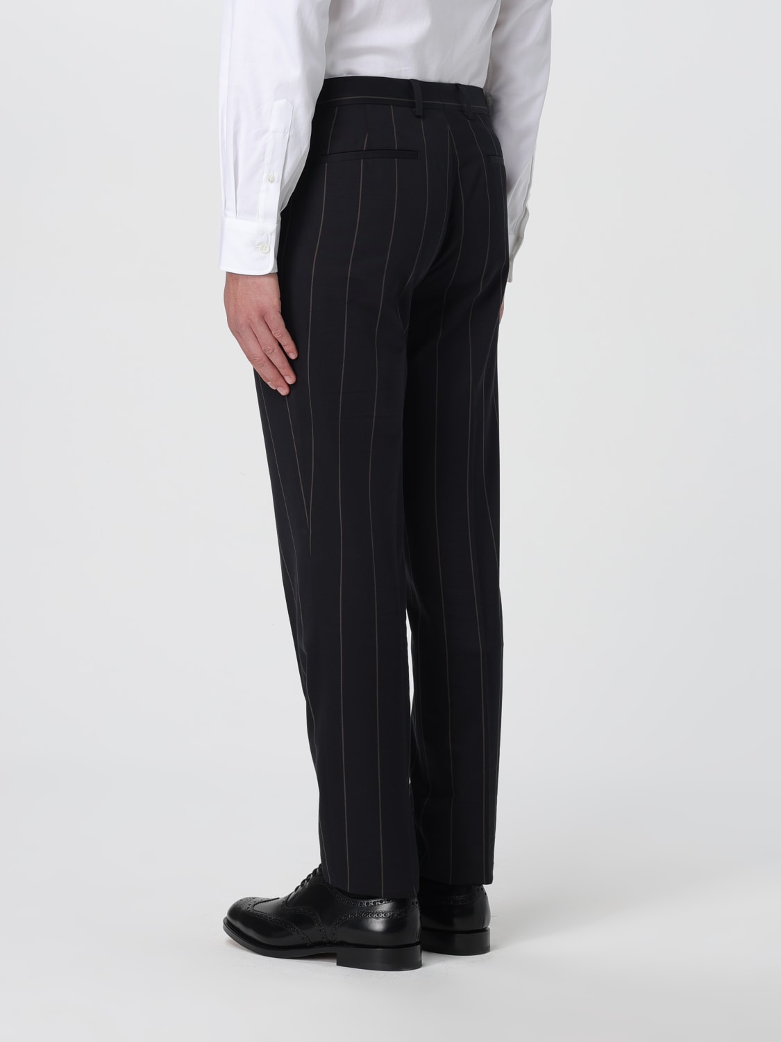 BRUNELLO CUCINELLI MEN'S BLACK WOOL PINSTRIPE TROUSERS