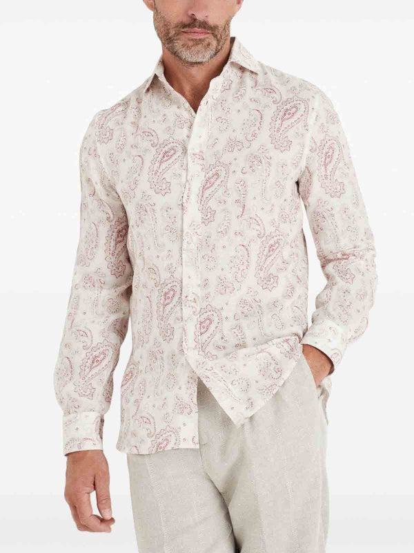 BRUNELLO CUCINELLI MEN'S RASPBERRY PAISLEY LINEN SHIRT