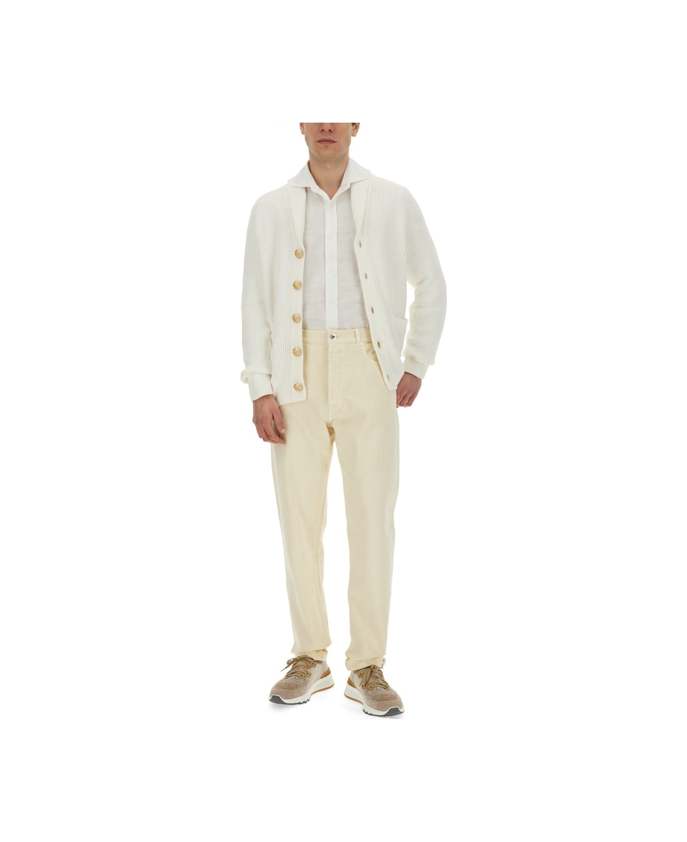 BRUNELLO CUCINELLI MEN'S WHITE LINEN BLEND DRESS SHIRT